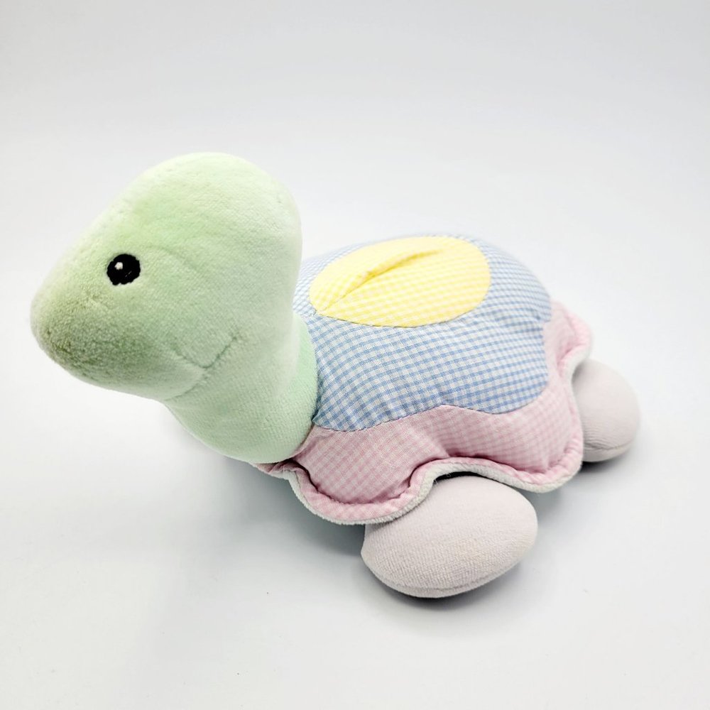 Vintage Baby Gund Pastel Gingham Turtle Stuffed Animal Plush Plaid Squeaker 8"